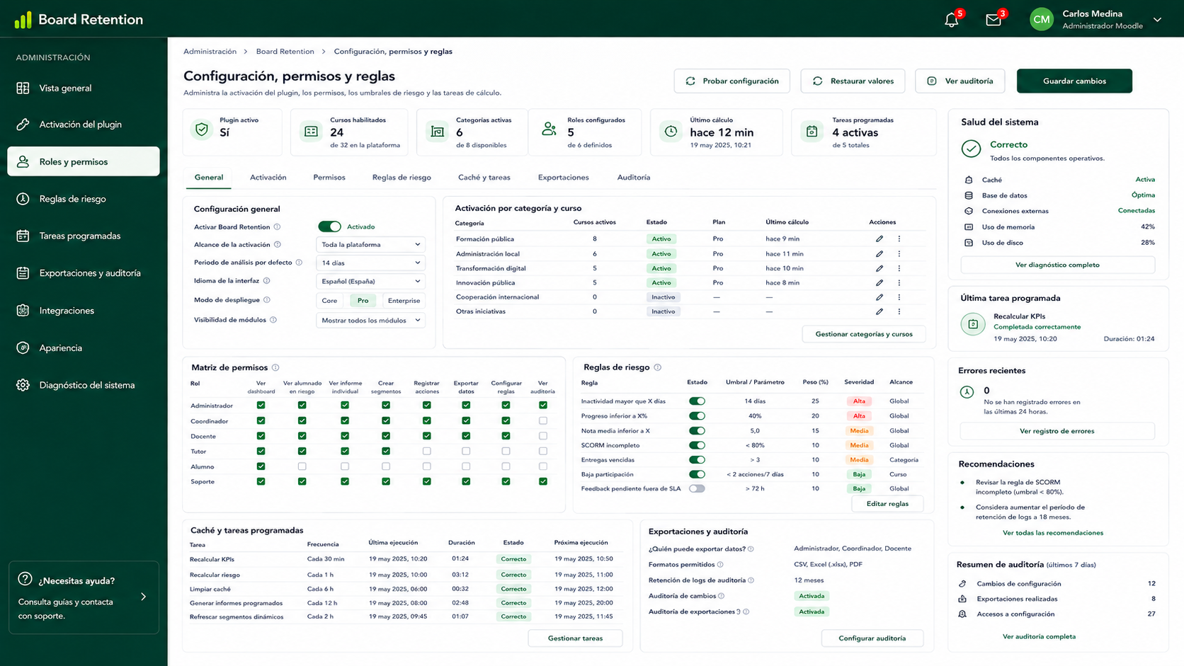Configuración, permisos y reglas en Board Retention