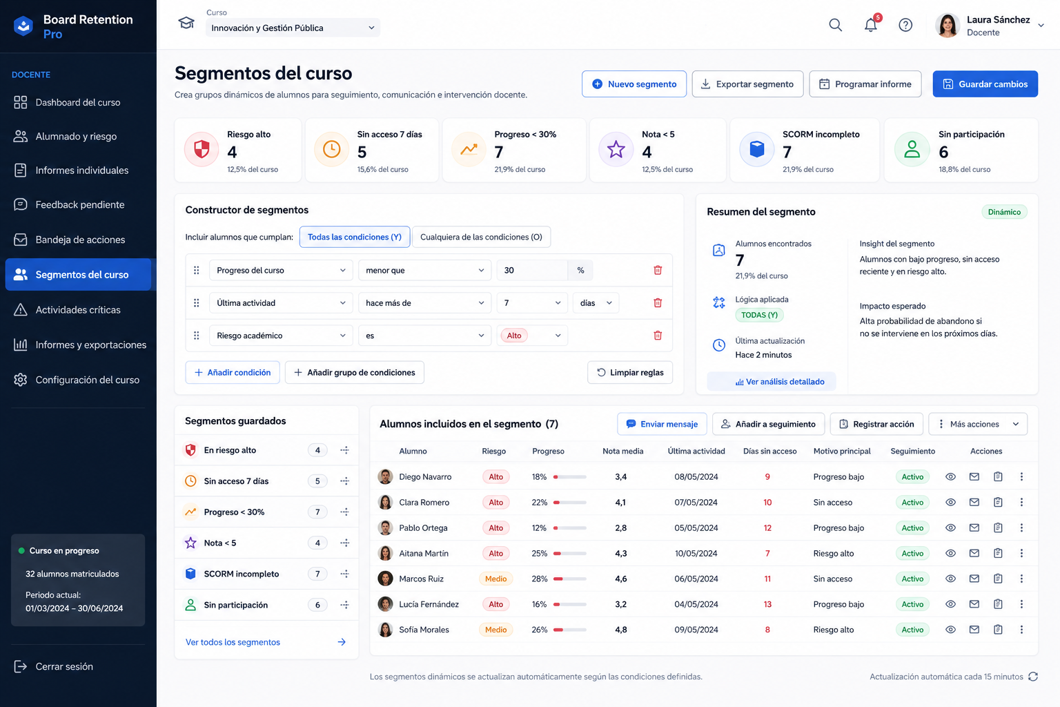 Segmentos guardados en Board Retention — filtros dinámicos de alumnado